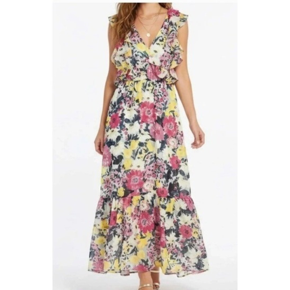 Lauren Conrad Midi Dress Large Romantic Watercolor Floral Ruffled Open Back